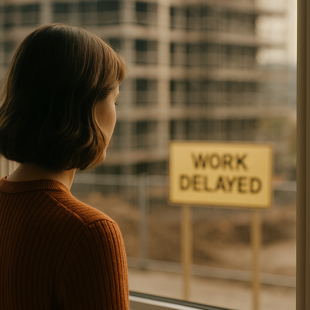 Person looking out of a window onto a stalled construction site with equipment sitting idle, symbolising the emotional and financial stress faced by leaseholders due to remediation delays. Cladding Remediation