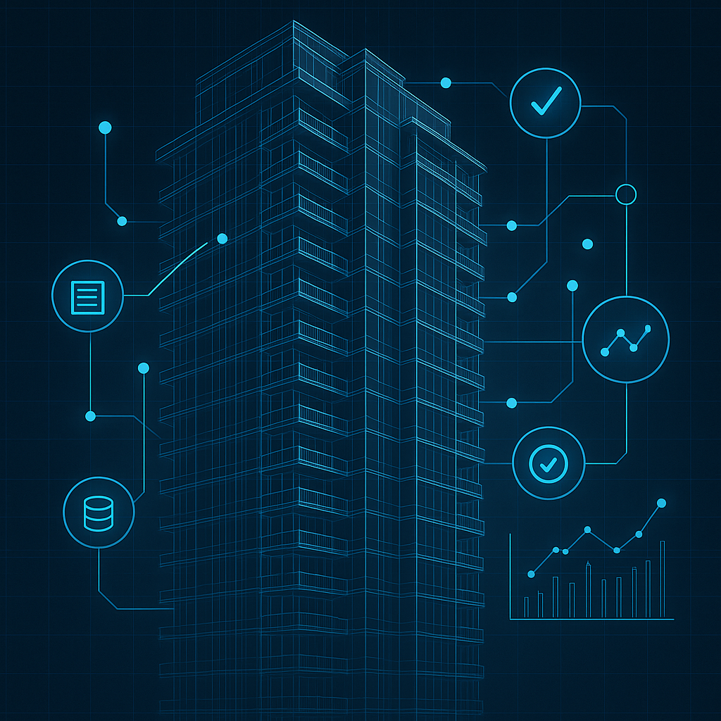Abstract digital graphic showing a building's blueprint overlaid with glowing data streams, representing the "golden thread" of mandatory digital safety information and asset management. Cladding Remediation