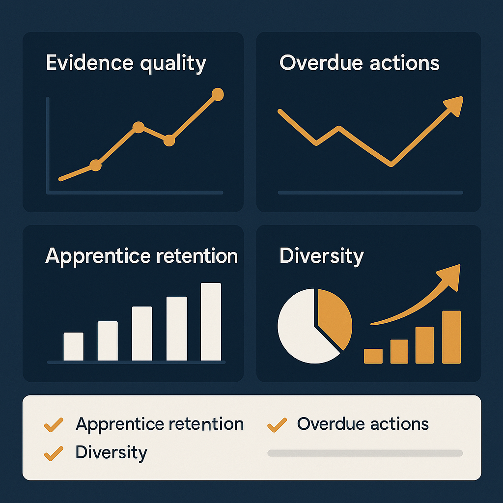 Dashboard visual showing KPIs for early-career building safety programmes improving over time.
