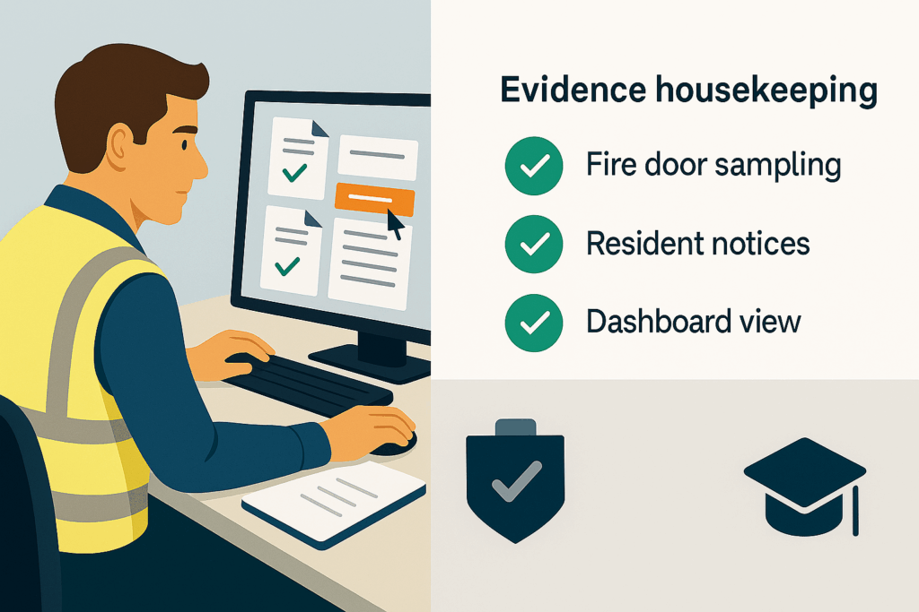 Apprentice working on digital evidence with checklist of early building safety outputs.