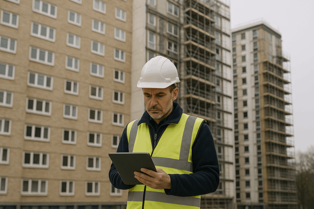 “Fire engineer reviewing BSR remediation documents in front of a high-rise undergoing safety work.”