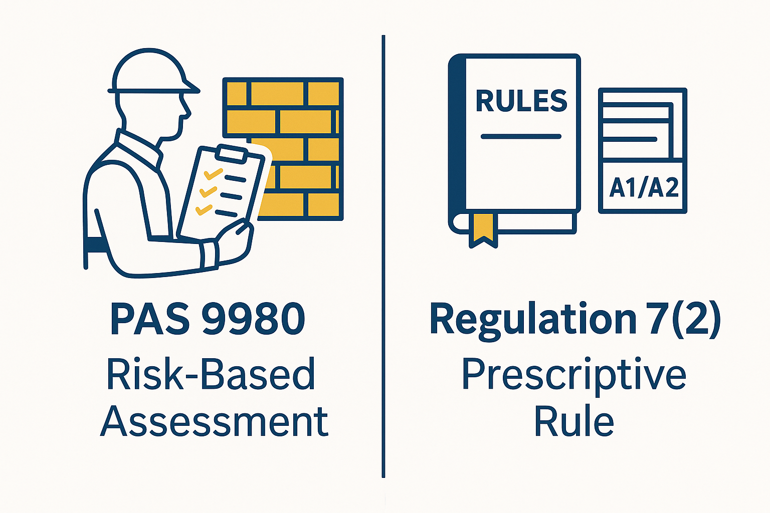 “Split illustration showing the risk-based PAS 9980 approach on one side and strict Regulation 7(2) rules on the other.”