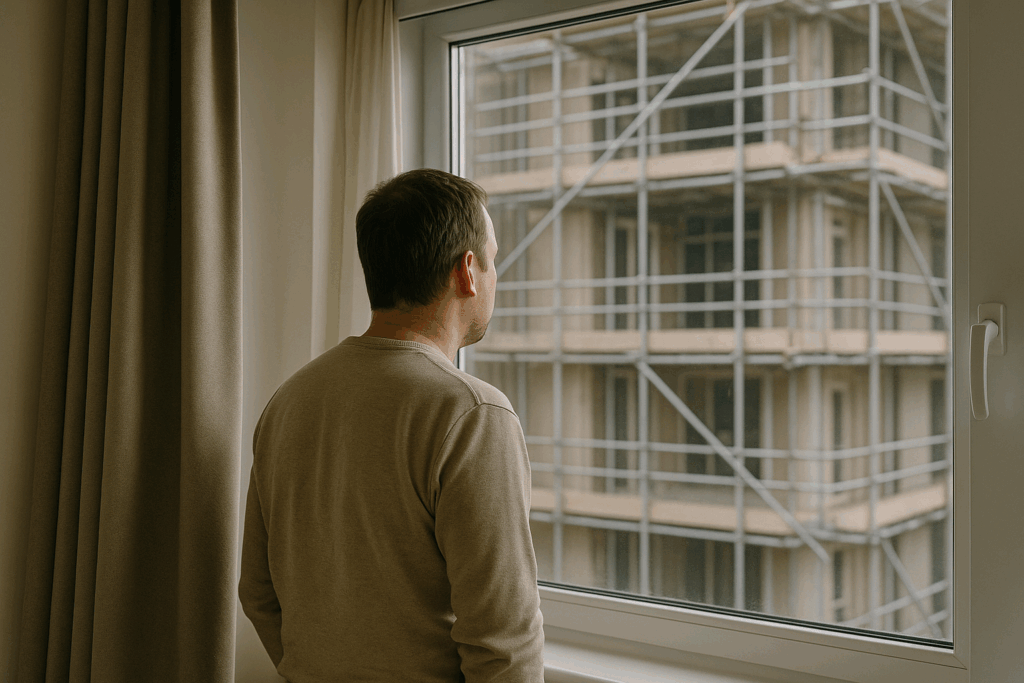 “Resident looking out of a window at stalled building safety remediation work.”
