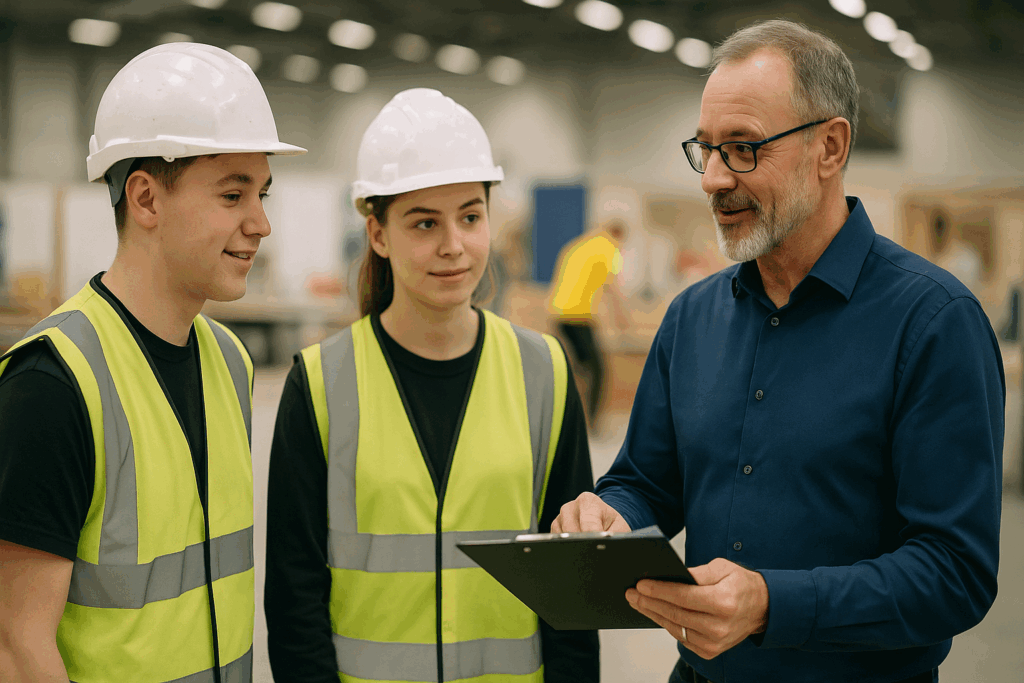 Construction apprentices speaking with an industry mentor in a SkillBuild 2026 competition hall, highlighting networking and career opportunities.