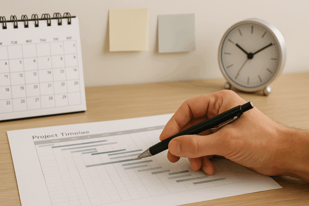 Close-up of a desk with a wall calendar and project documents, showing a timeline being planned with a pen and sticky notes.