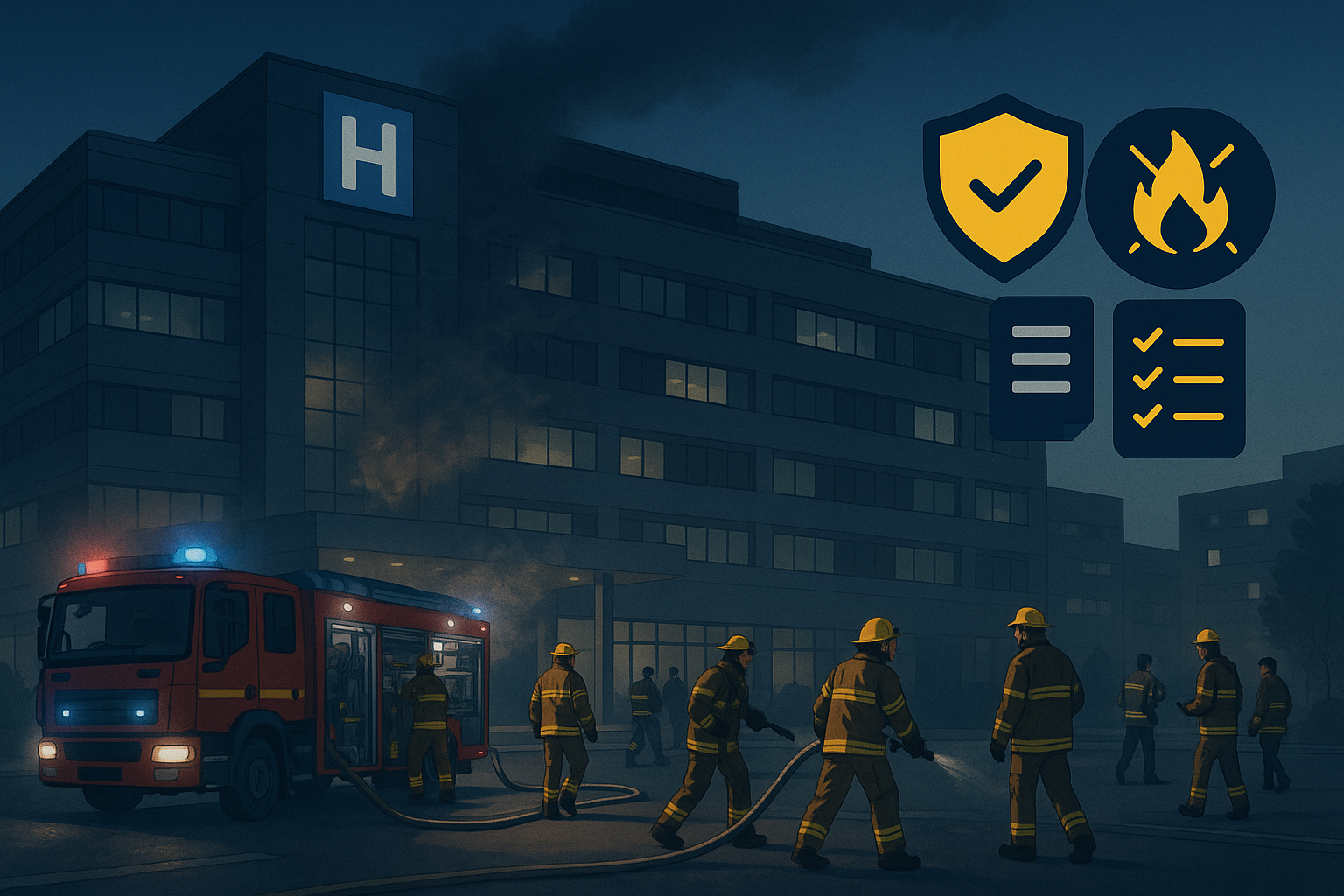 “Fire crews responding to a blaze at a modern hospital at dawn with subtle safety icons overlaid.”