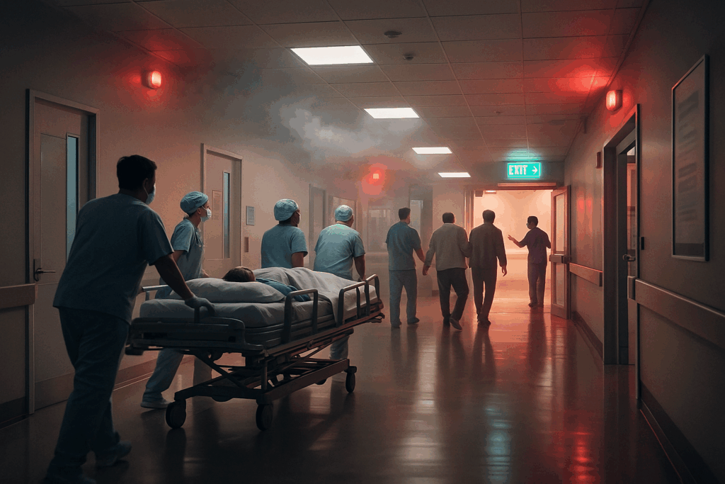 “Hospital staff moving patients along a smoky corridor during a calm, controlled evacuation.”