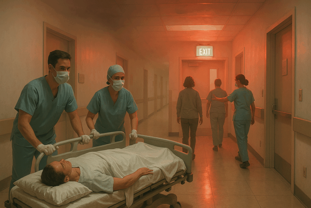 “Hospital staff moving patients along a smoky corridor during a calm, controlled evacuation.”