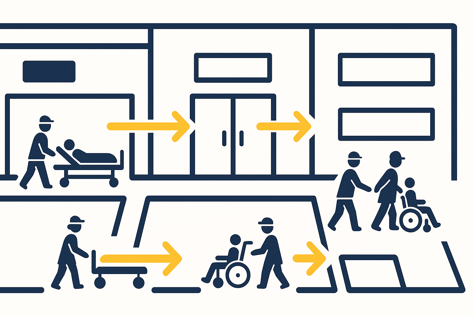 “Simple floor plan graphic showing patients moved sideways from one ward to another during a horizontal evacuation.”