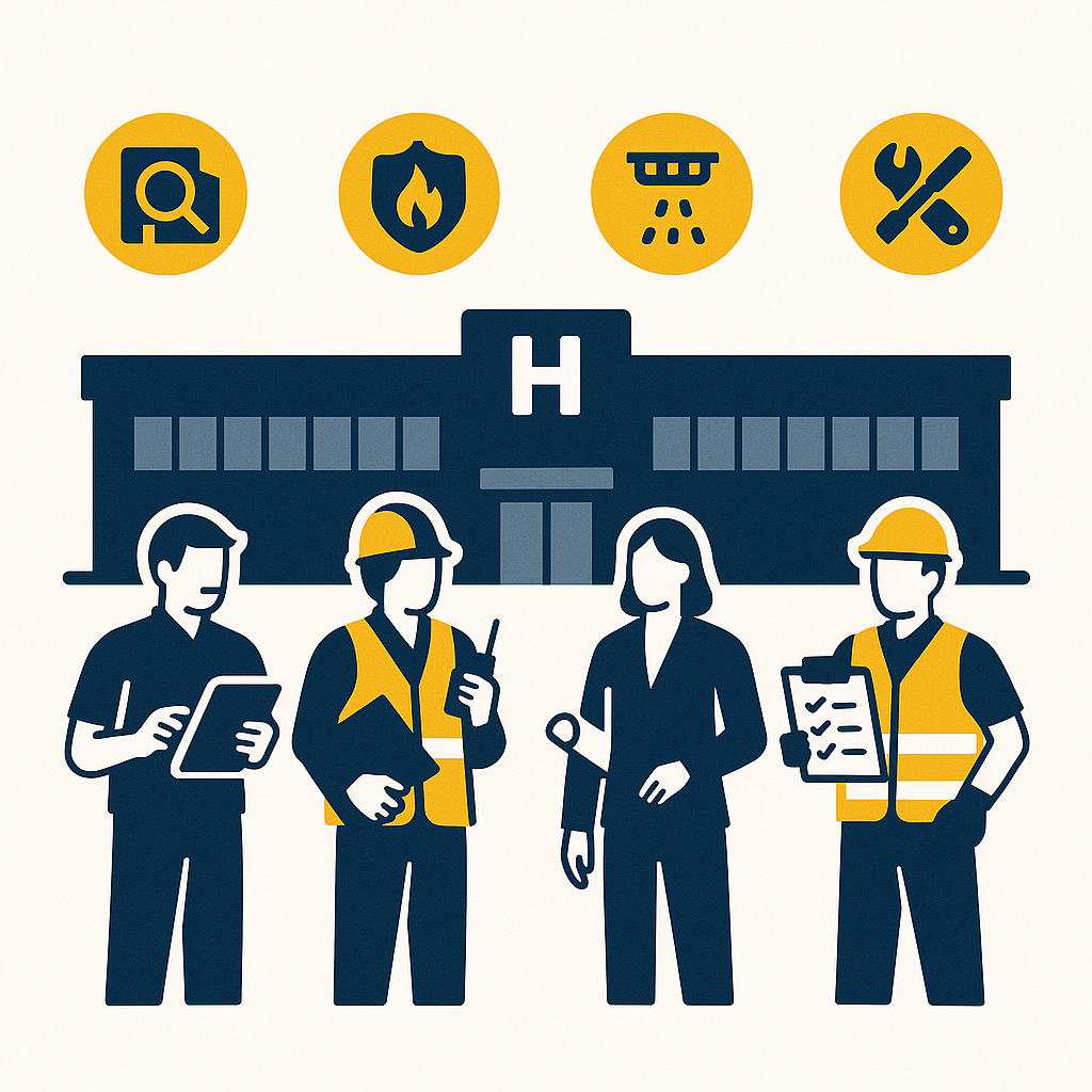 “Four professionals standing in front of a hospital with icons above their heads representing risk assessment, management, engineering and facilities fire safety roles.”