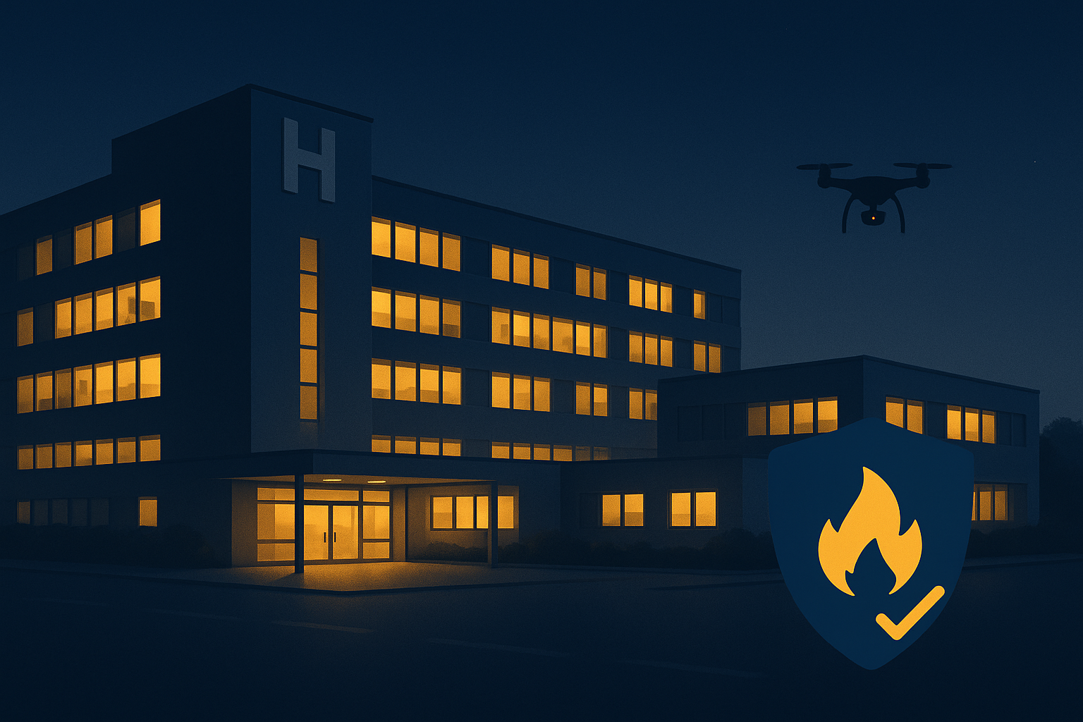 “Modern hospital at night with warm lights on and a small fire safety shield icon overlaid, indicating a safe, well-managed building.”