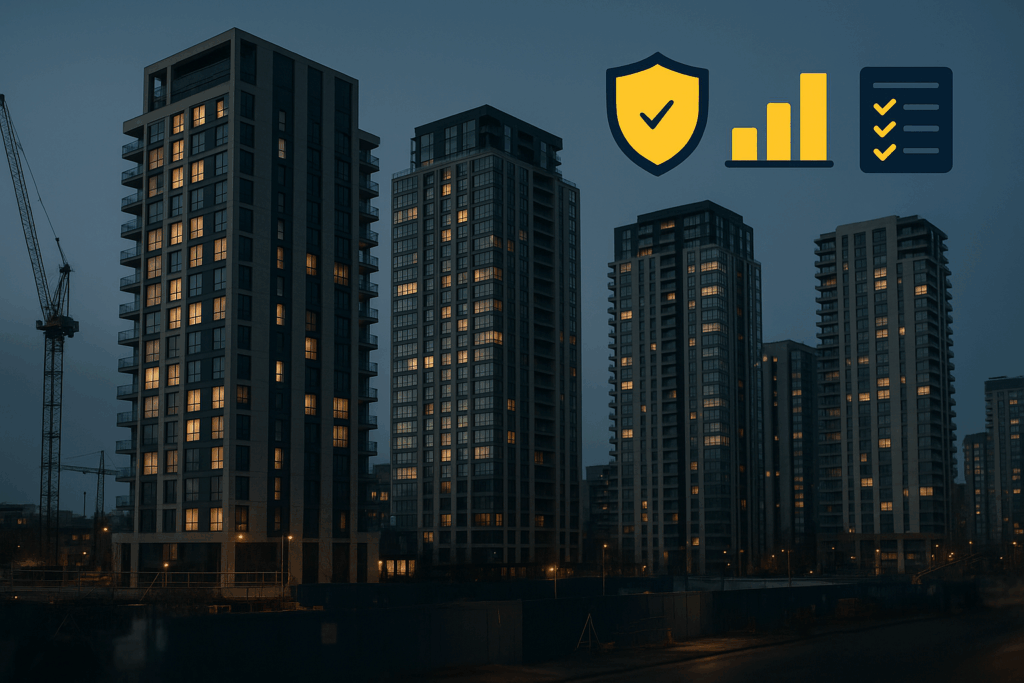 Cluster of modern high-rise residential buildings at night with warm interior lights and quiet streets, with a small shield icon containing a flame and tick in the corner to suggest safe fire management. High Rise Building Safety