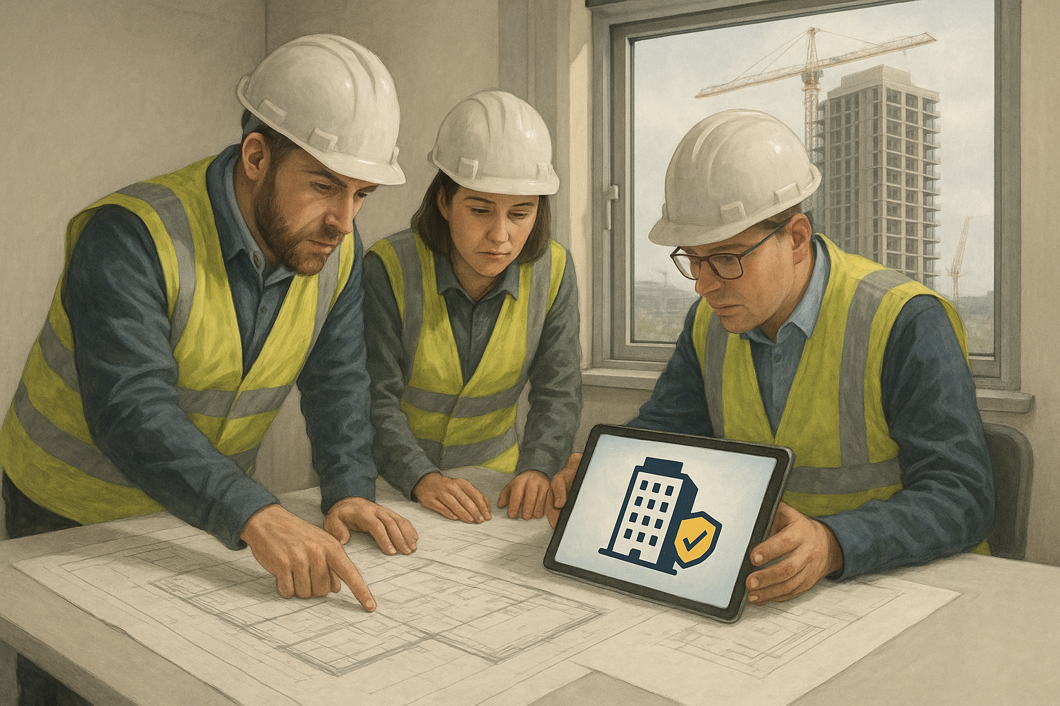 “Three construction professionals in hard hats and hi-vis vests review drawings in a site office while one holds a tablet showing a building icon with a safety tick and a high-rise under construction outside the window.”