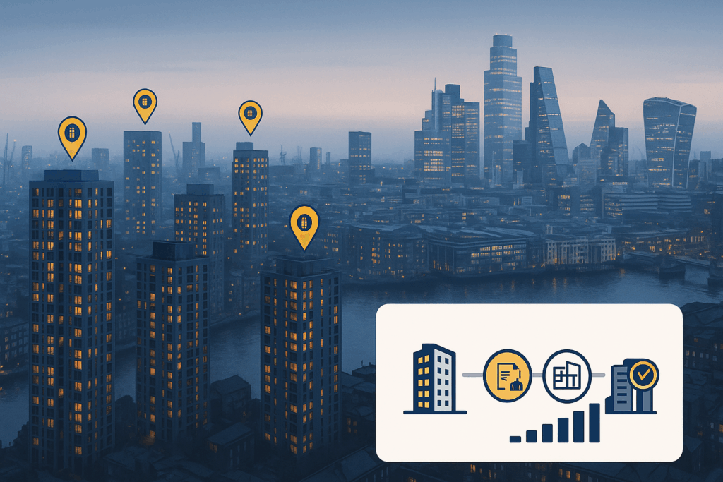 Aerial view of a dusk London skyline along the river with clusters of modern high-rises highlighted by navy-and-yellow location pin icons. High Rise Building Safety