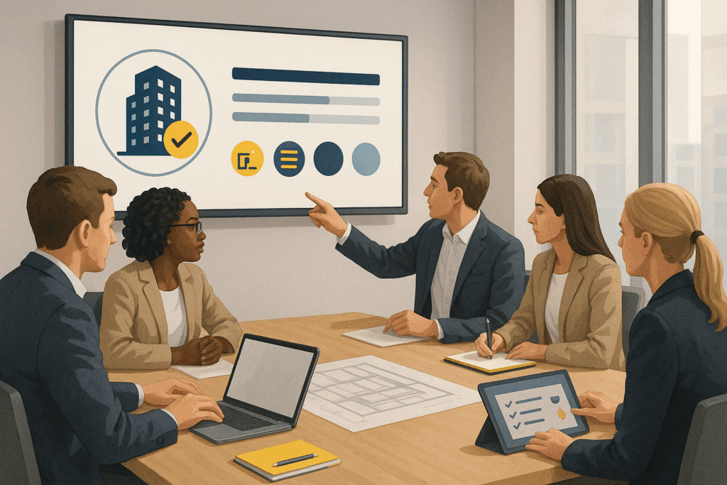 Six diverse professionals around a conference table watch a colleague point to a large screen showing a building icon and progress bars, while others take notes on laptops and tablets.