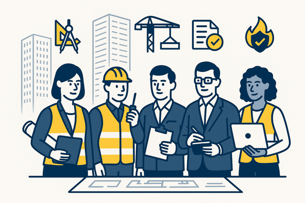 Four construction and High Rise Building Safety professionals stand in front of stylised high-rise buildings, each with a navy-and-yellow icon above their head for design tools, crane, checked document and flame with shield
