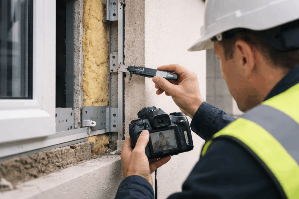 External wall system inspection on a residential block, showing cladding sample checks for fire safety remediation in England