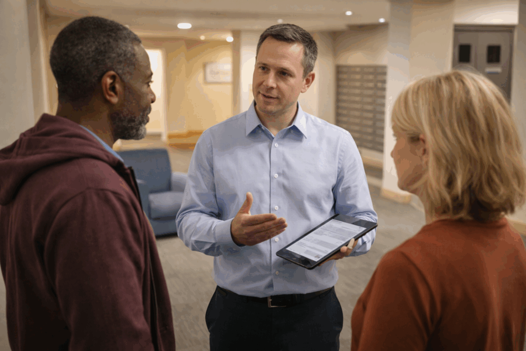 Residents speaking with a building safety officer about fire safety remediation in England in a communal lobby setting