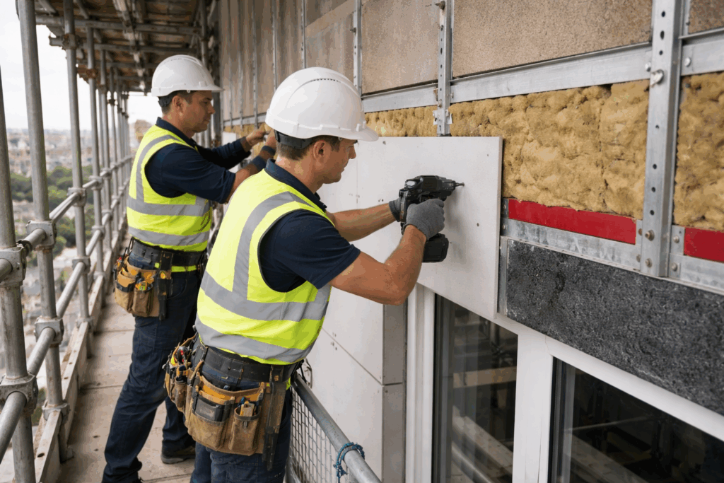 Remediation contractors installing safer façade components and fire breaks on a high-rise as part of fire safety remediation in England