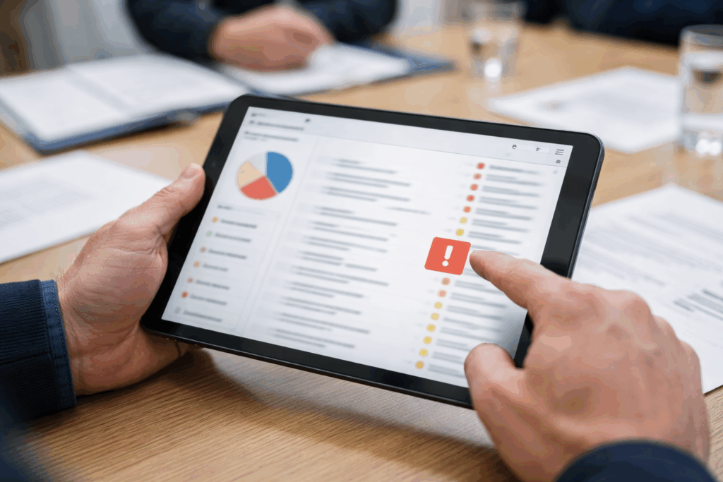 Close-up of a tablet showing a blurred maintenance backlog dashboard during a building safety review meeting