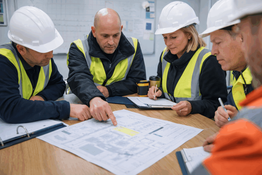 Building safety team briefing in a site office with fire safety, compliance, and repairs staff reviewing plans and priorities together.
