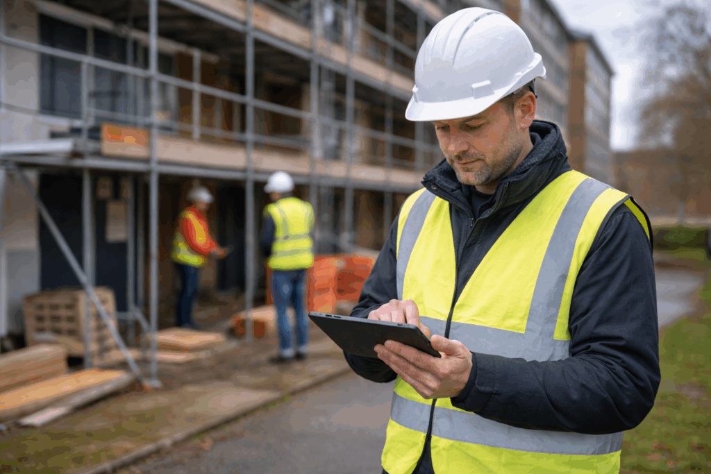Building safety professional on-site using a tablet near scaffolding, showing the kind of hands-on role now in high demand across UK housing.