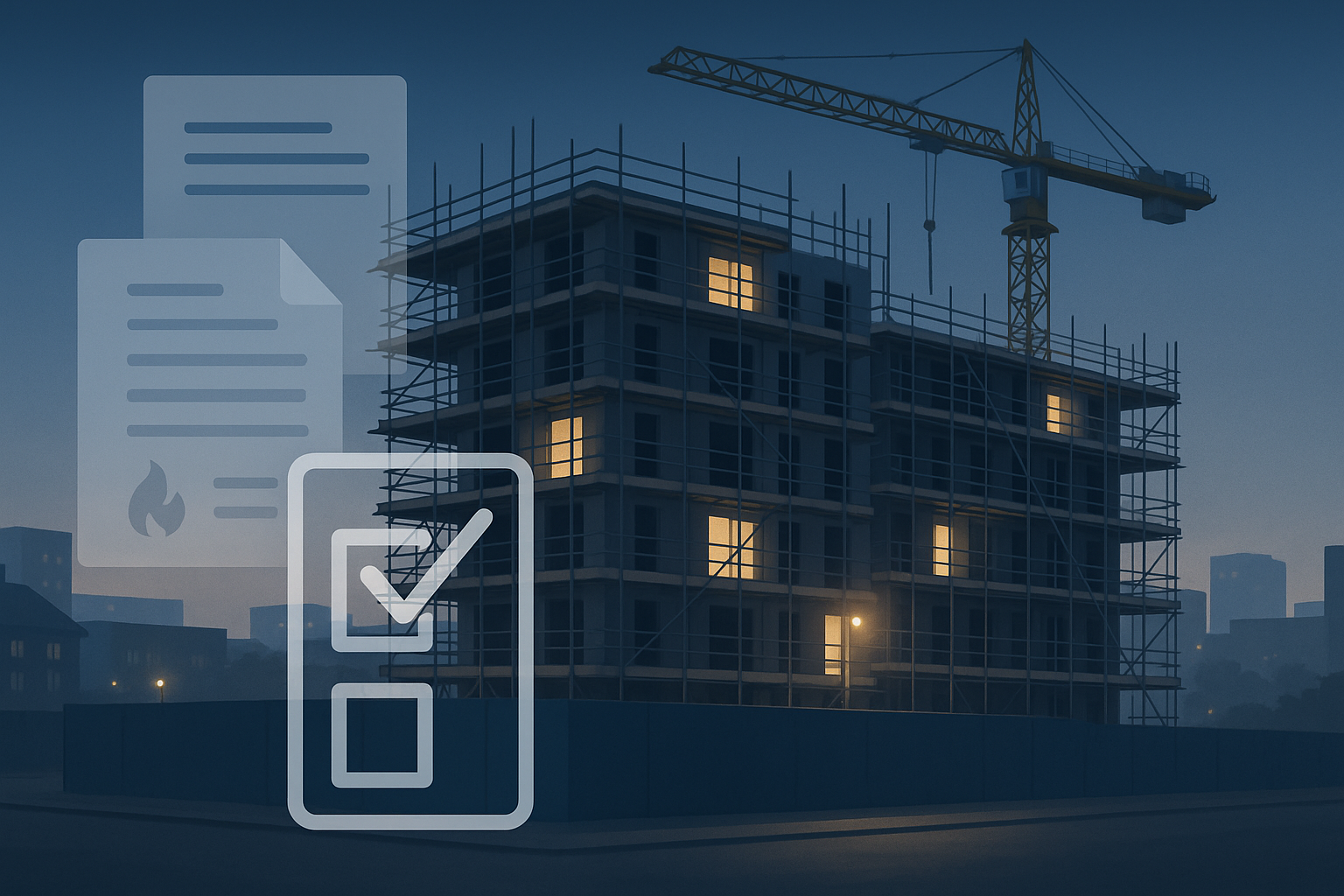 “Construction site for a new mid-rise housing block at dusk, with cranes, scaffolding and a semi-transparent overlay of documents suggesting safety approvals.”
