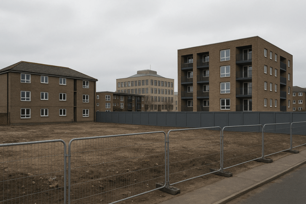 “Realistic illustration of a local authority housing site with hoarding, low-rise flats and a council-style meeting building in the background.” Building Safety Regulation
