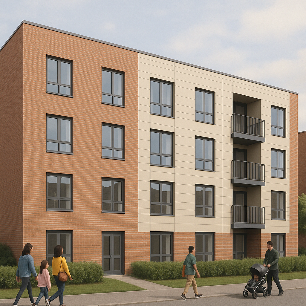 “Modern affordable housing block with families and residents walking past, suggesting demand for new homes.” Building Safety Regulation