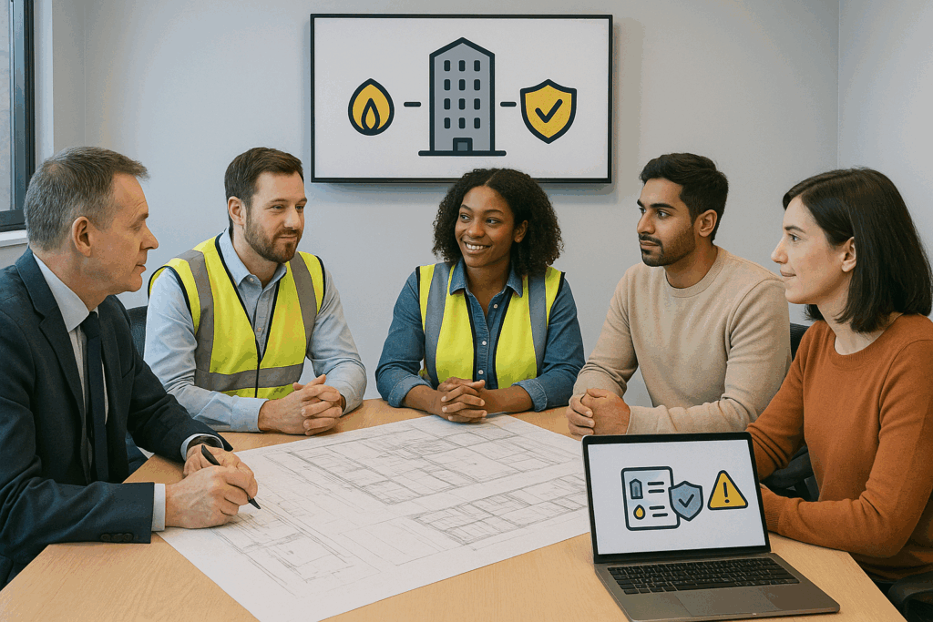 “Mixed group of construction, housing and regulatory professionals around a table reviewing plans and safety diagrams.” Building Safety Regulation