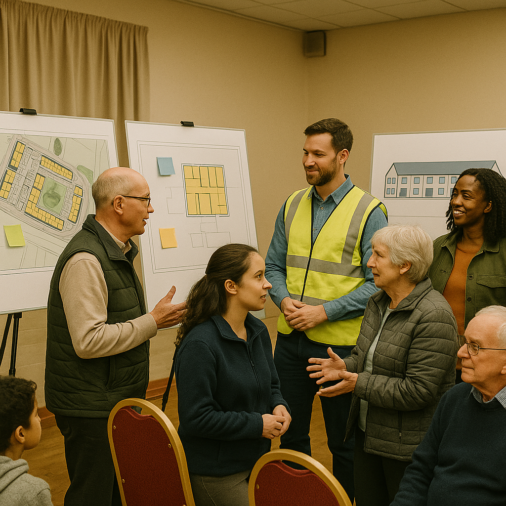 “Residents and project staff in a community hall looking at large housing plans pinned to display boards.”