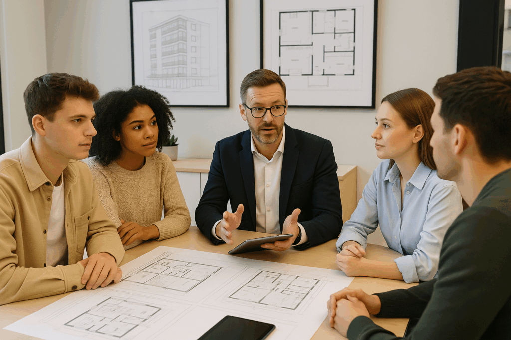 Young candidates in smart-casual clothes in a modern meeting room discussing degree apprenticeships opportunities with a recruiter.