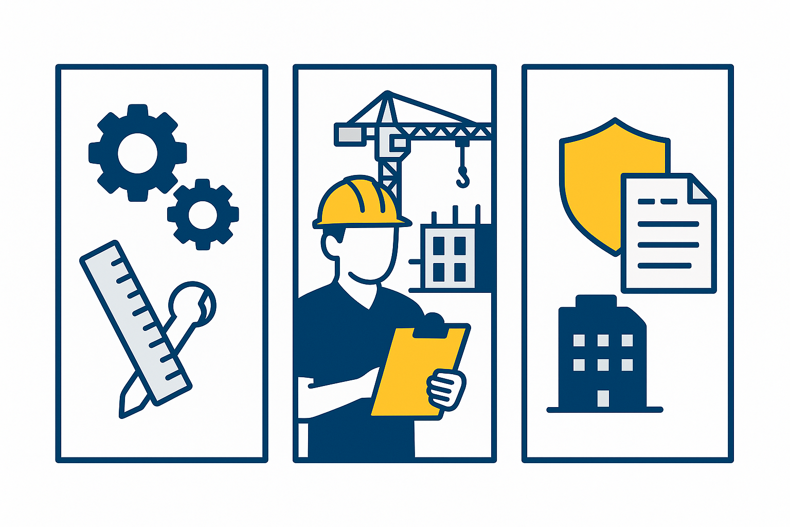 BSJ-style illustration showing three routes into construction apprenticeships,: engineering, site management and building safety and compliance.