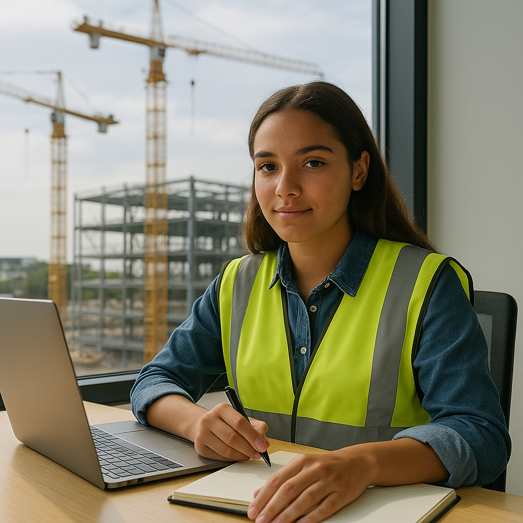 Degree apprenticeships in hi-vis working on a laptop at a desk with a construction site visible through the window.