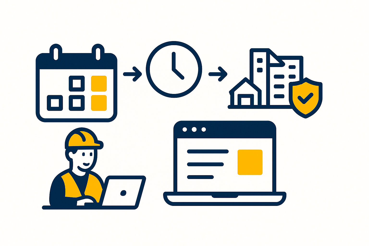 BSJ-style flat illustration of a calendar, clock and laptop to represent checking application deadlines for apprenticeships