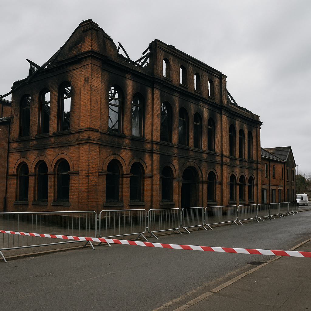 Burnt-out shell of a former ballroom-style building in daylight, with charred roof and a safety cordon in front. Historic Building Fire Safety