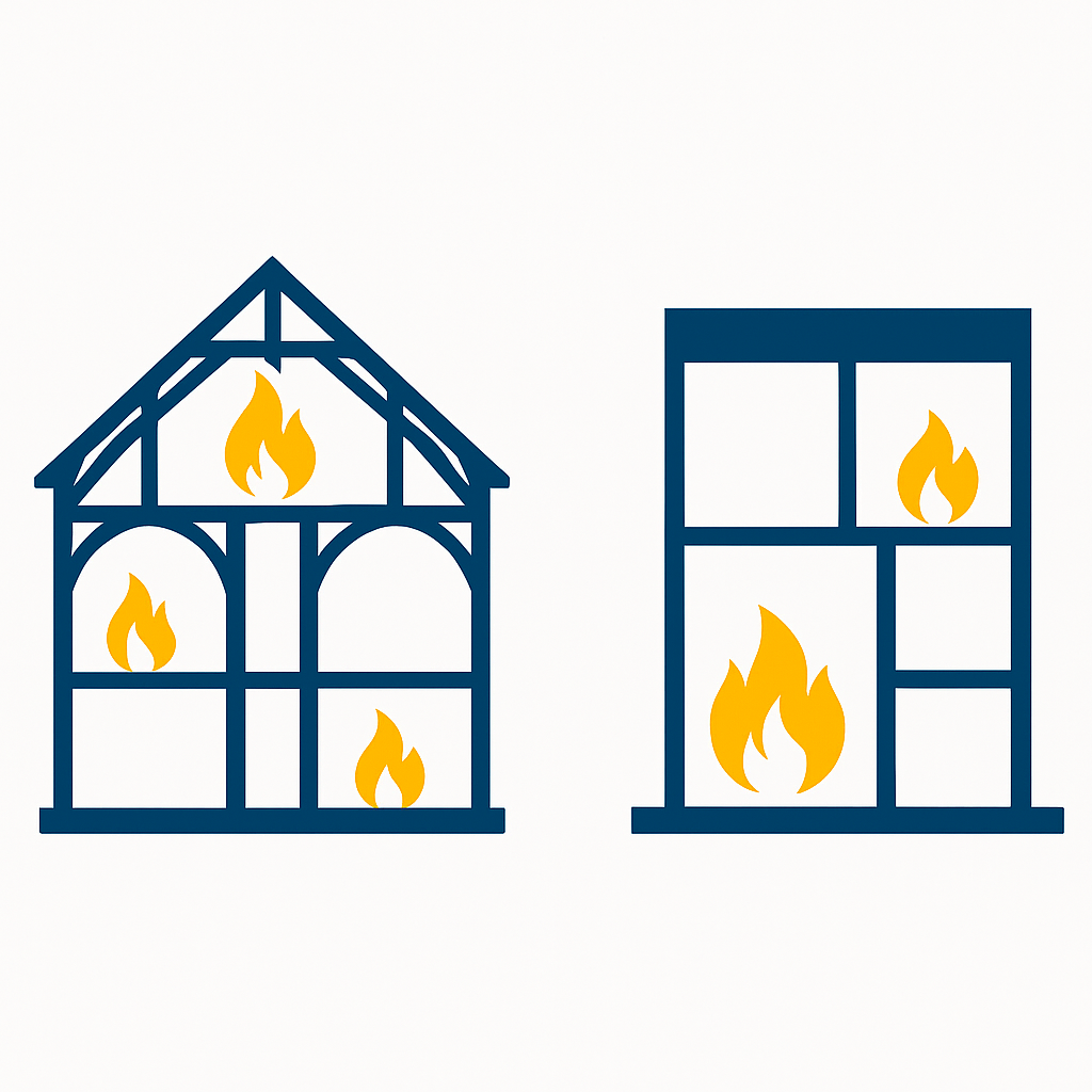 BSJ-style illustration comparing a historic building with open voids and a modern compartmented building, showing how fire can spread. Historic Building Fire Safety
