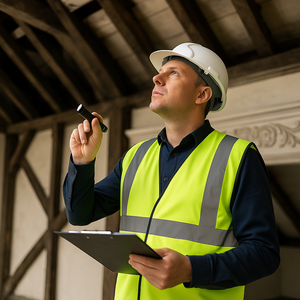 Fire risk assessor in hi-vis and hard hat inspecting timber ceiling inside an ornate Historic Building Fire Safety with a clipboard.
