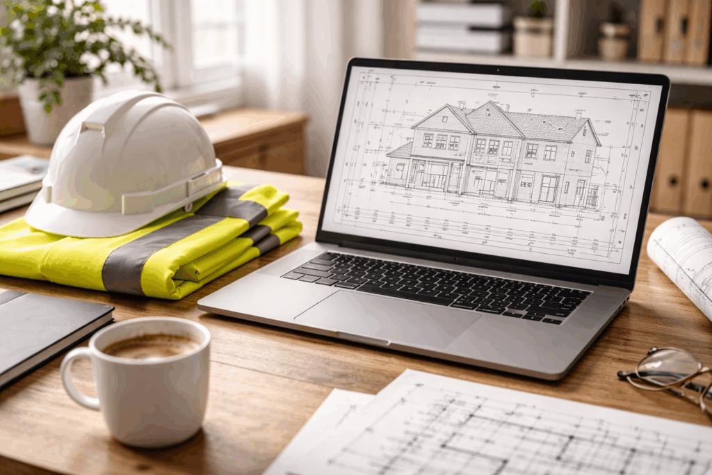 A building safety officer's workspace featuring the NHBC Standards 2026 digital guide and site equipment.