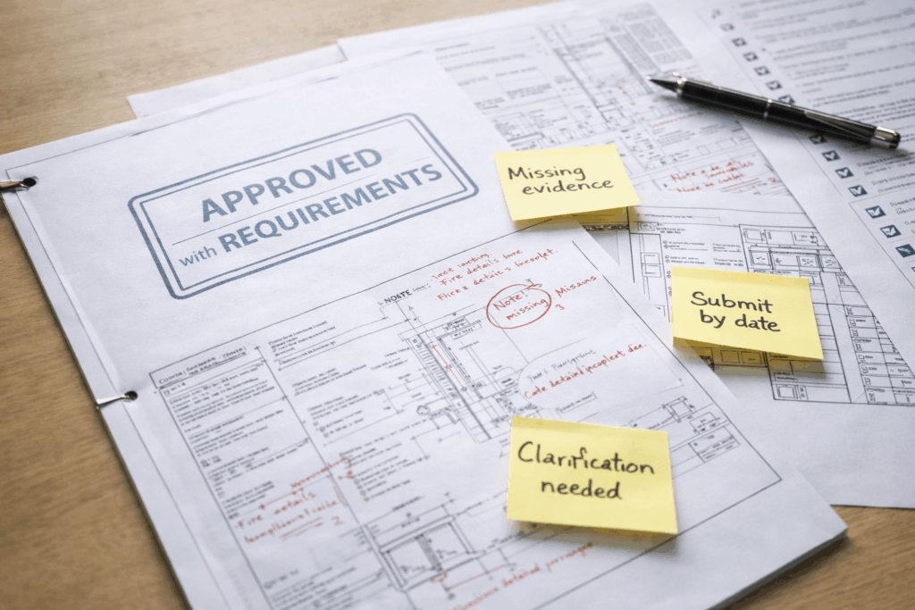 Marked-up building control submission with ‘requirements’ notes and audit trail ready for follow-up for BSR Building Control Approval.