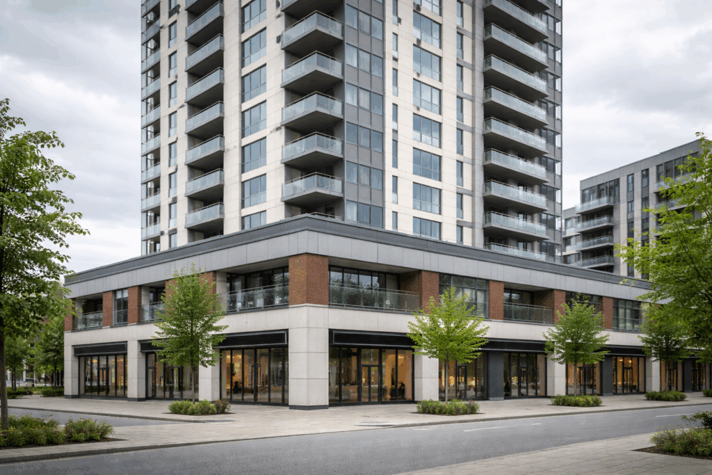 Modern UK high-rise above a podium level with retail units, showing an attached structure beneath homes.