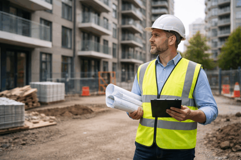 Building safety professional reviewing plans on site near a residential building, representing Building Safety Regulator across design, construction, and ongoing management.