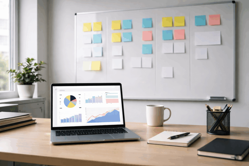 Workflow board with organised task cards and a laptop, representing operational improvements and faster Building Safety Regulator decisions.