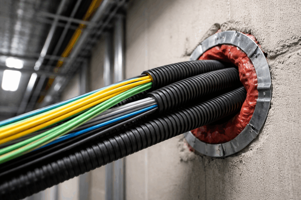 Fibre-optic cables routed through a building service opening with fire-stopping in place to reduce fire spread risk in higher-risk buildings.