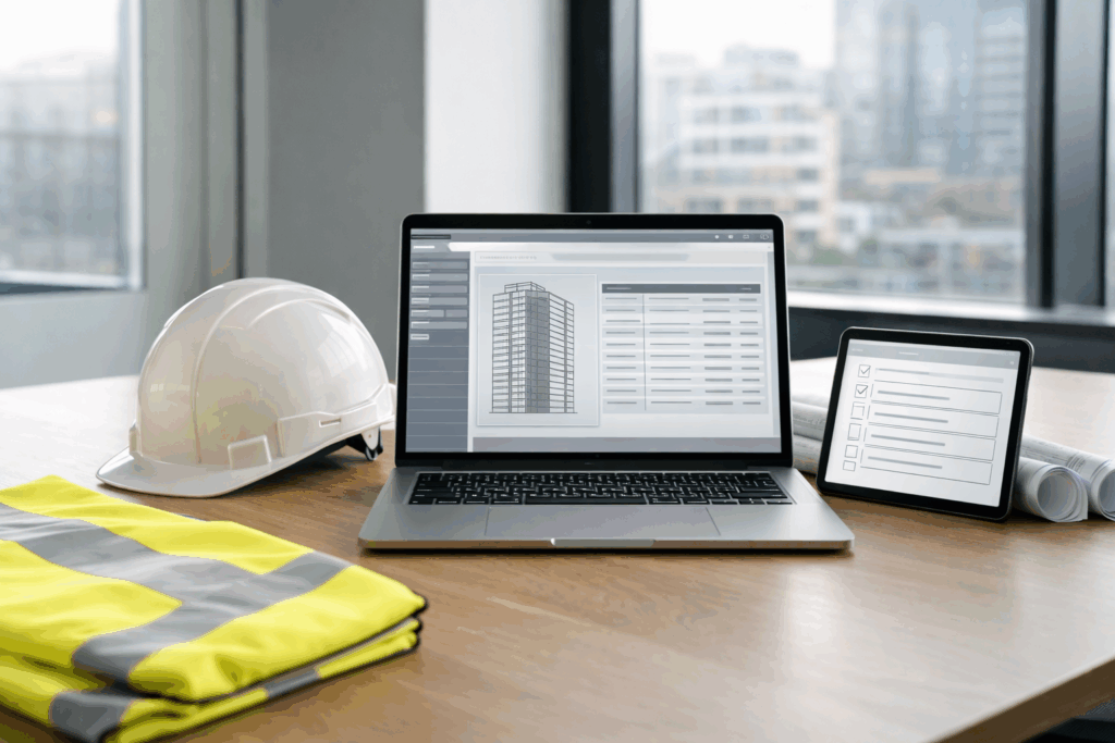 A building safety professional’s desk with a laptop displaying digital building records, supporting the golden thread approach to safety information as a result of the Building Consultation.