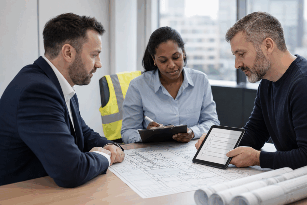 Professionals reviewing building compliance information together, reflecting how Building Consultation decisions support safe telecom upgrades in high-rise buildings.
