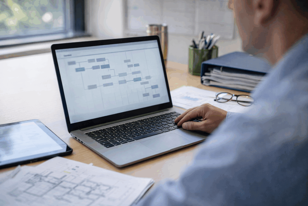 Building control professional reviewing a staged approval plan on a laptop, with a tablet and neatly organised project files on the desk.