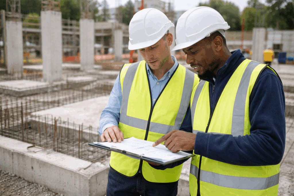 Engineers in PPE inspect foundation works and the ground floor slab area at a UK construction site.