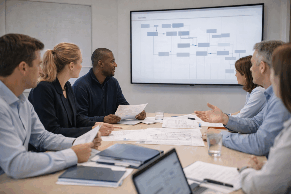 Project team meets with a regulator-style adviser to review a staged approval approach using diagrams and a wall plan with unreadable notes.