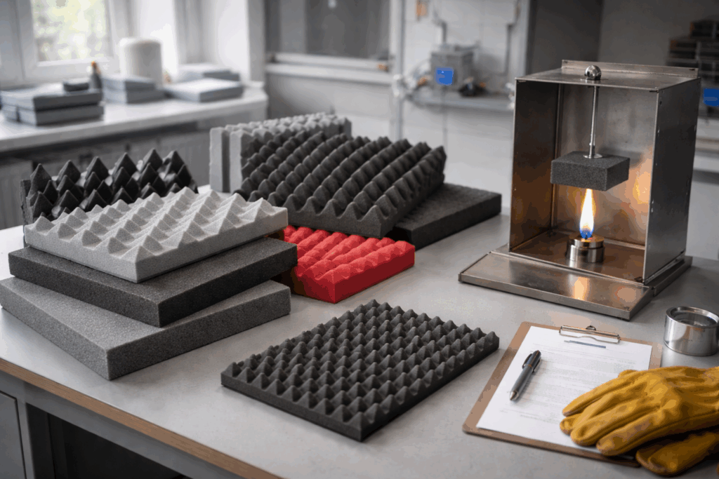 Different acoustic foam samples displayed beside a fire testing setup, showing how materials can vary in fire performance.